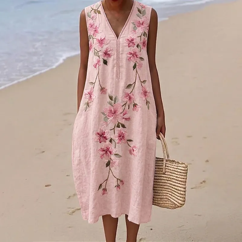 Women's Pink Floral V-neck Pattern Sleeveless Midi Dress elevenforest