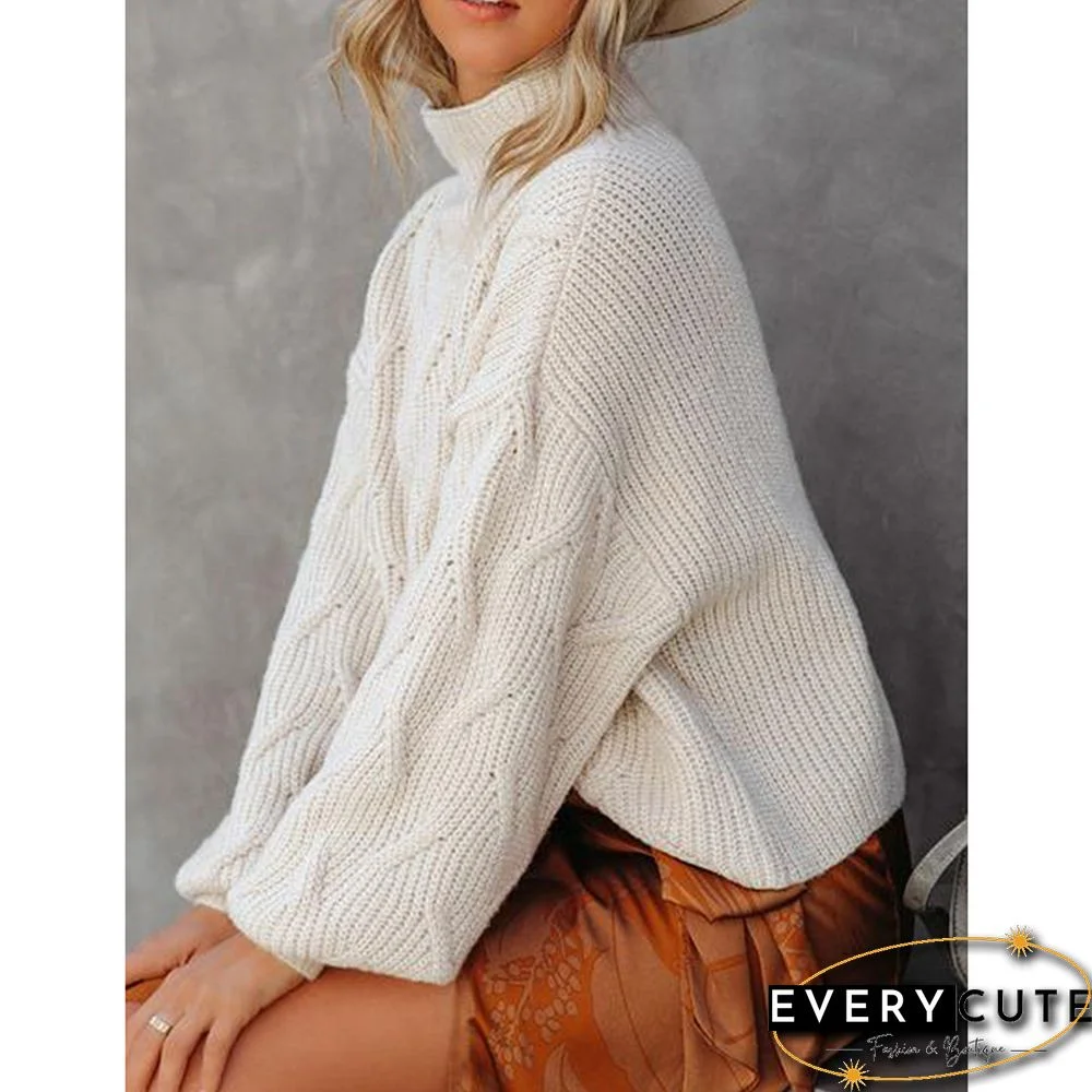 White Textured Mock Neck Solid Color Sweater