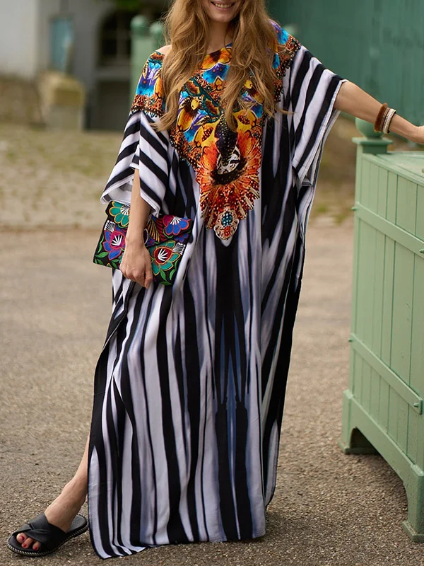 Striped Split-side Printed Short Sleeves Loose V-neck Maxi Dresses Beach Cover-Up