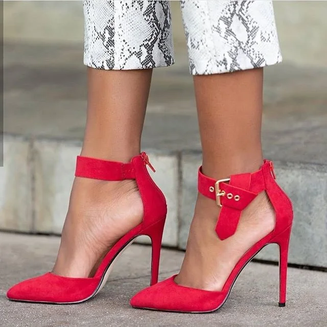 Red Vegan Suede Buckle Ankle Strap Heels Pumps |FSJ Shoes