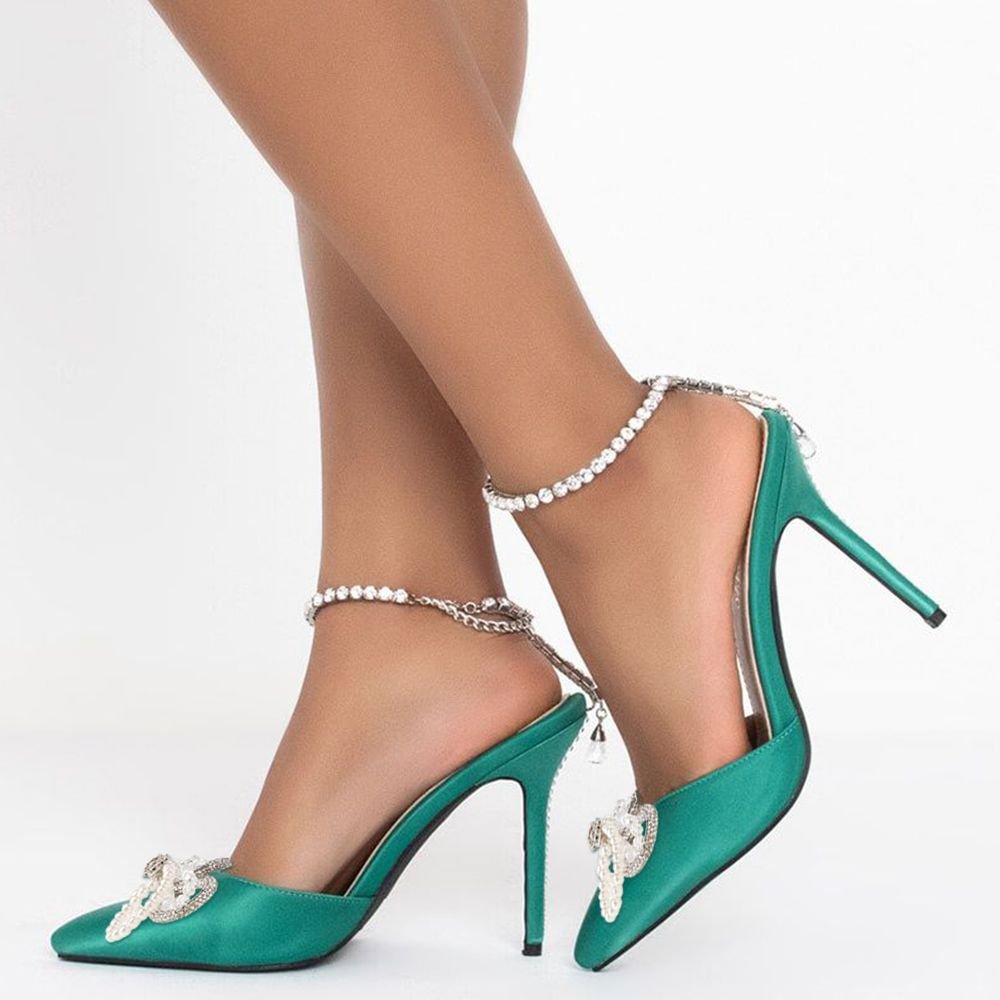 Women‘s Leather Pumps Pointed Toe Stiletto Heels With Rhinestone Decors Nicepairs