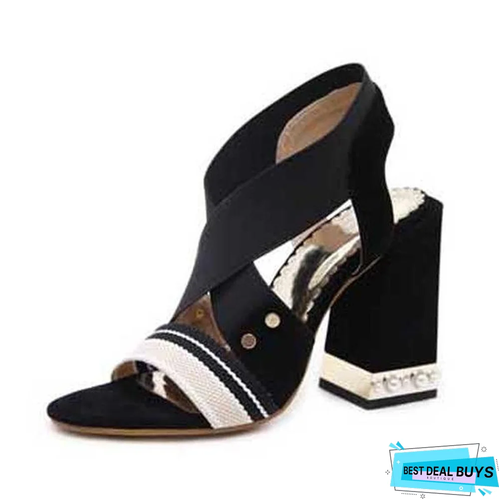 Women Open Toe Flock Sandals Square Heel Pumps Sandals