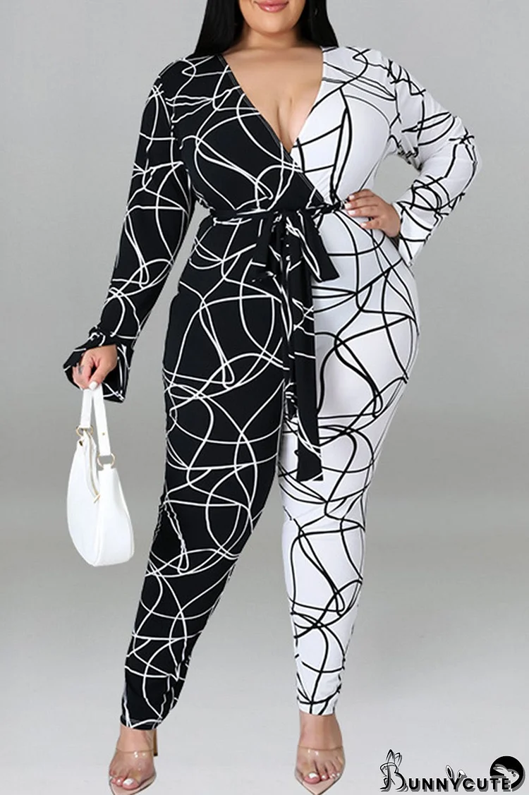 White Fashion Casual Print Split Joint With Belt V Neck Plus Size Jumpsuits