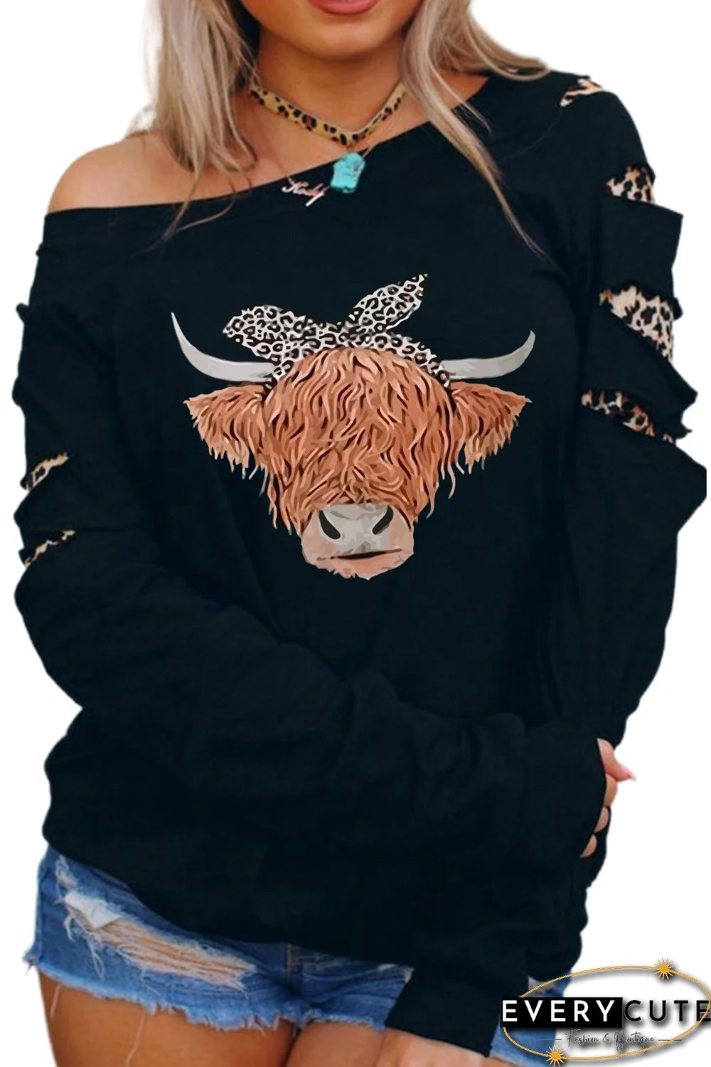 Leopard Cute Cattle Print Cut Out Long Sleeve Sweatshirt