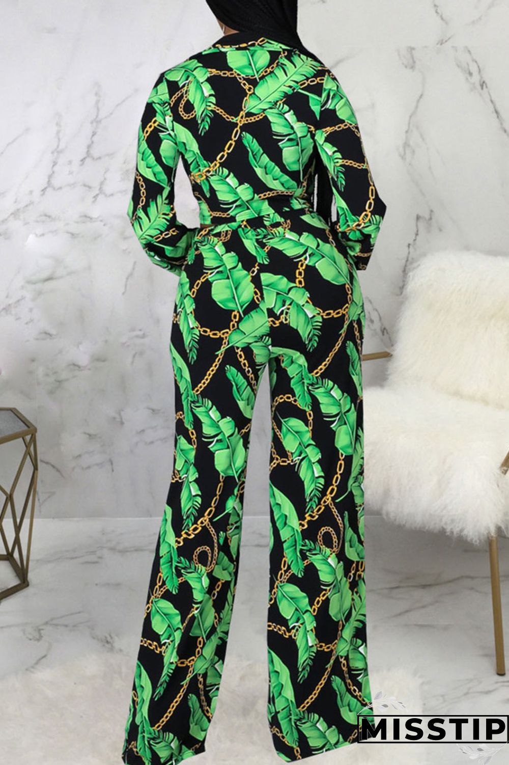 Cyan Casual Print Bandage Patchwork Turn-back Collar Long Sleeve Two Pieces
