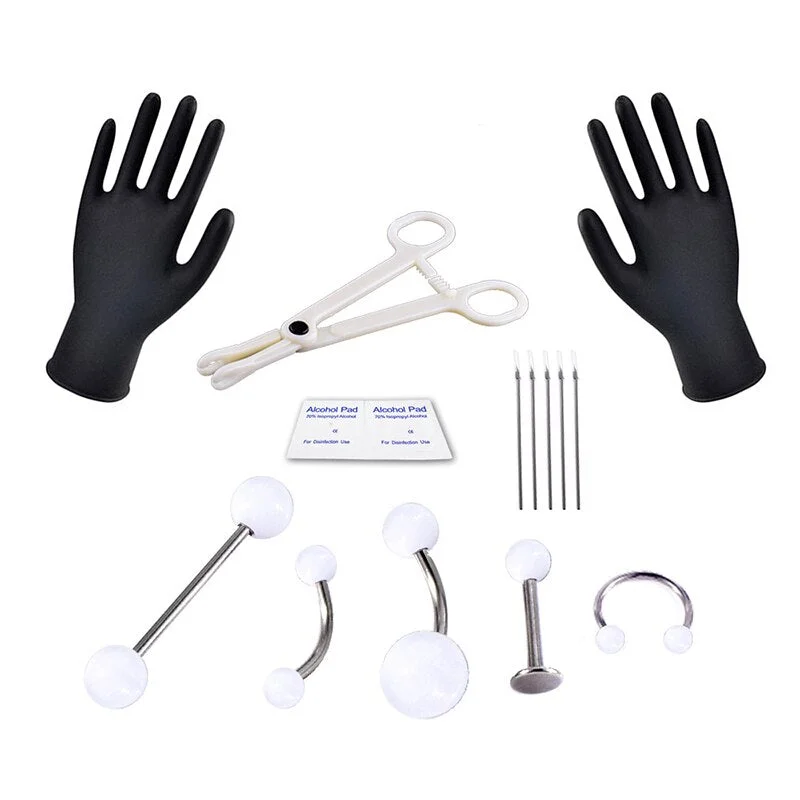 Body Piercing Kit With Needle Pack Nose Septum Belly Button Piercing Tool Kit Ear Tragus Nipple Eyebrow Labret Pircing Set Clamp