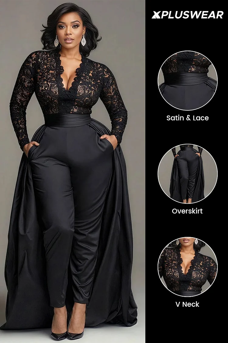 Xpluswear Design Plus Size Formal Satin Black V Neck Long Sleeve With Skirt Overlay Elegant Pocket Lace Jumpsuits [Pre-Order]