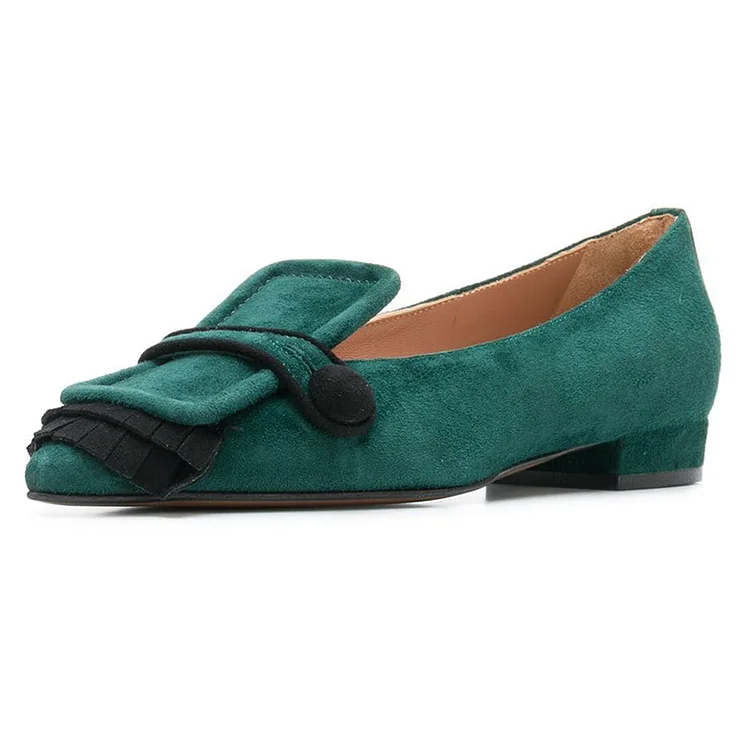 Green Vegan Suede Fringe Loafers for women |FSJ Shoes