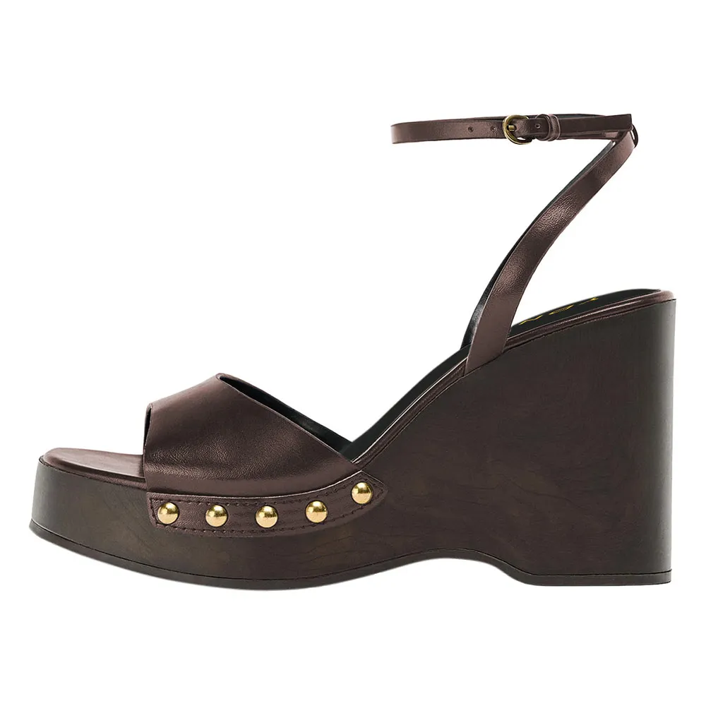 Brown Studded Open Toe Ankle Strap Wedge Heel Platform Sandals
