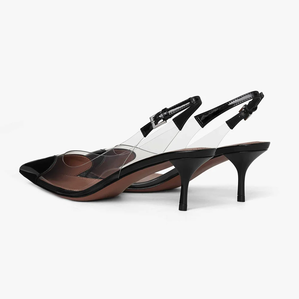 Pointed Toe Kitten Heel Slingback Clear Black Pumps with Buckle
