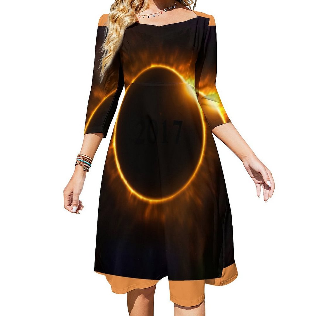 2017 Total Solar Eclipse Leggins Dress Sweetheart Tie Back Flared 3/4 Sleeve Midi Dresses