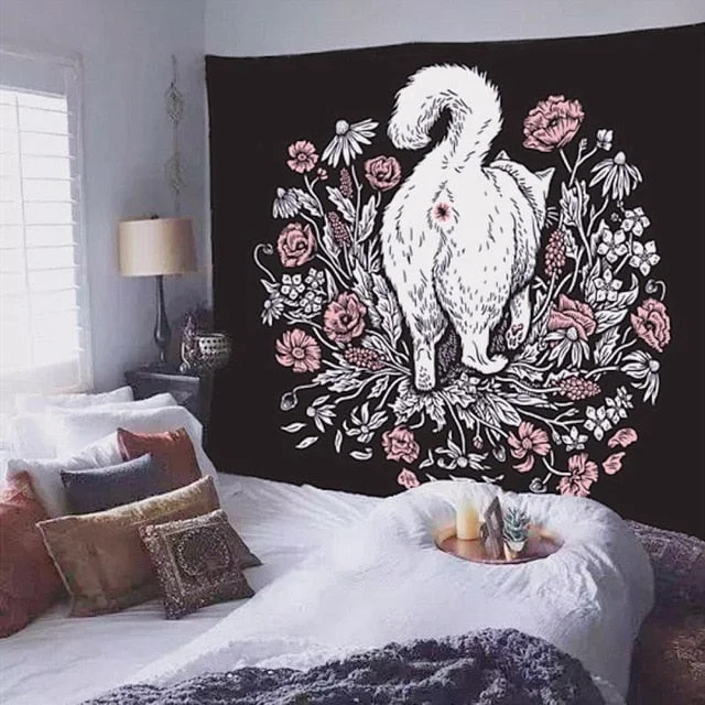 Cat Witchcraft Black Tapestry Flower Rose Tapestry Wall Hanging Cat Coven Wall Carpet Tapestries Tarot Boho Ouija Home Decor