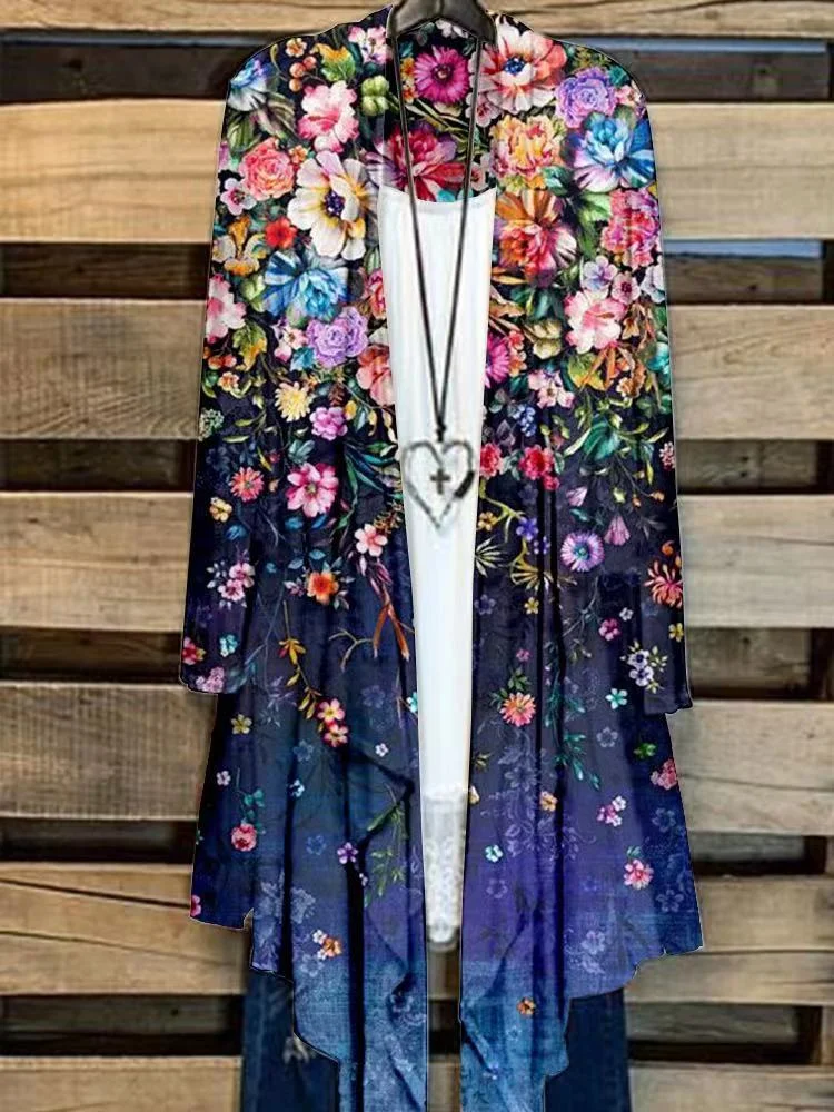 Flower Art Print Long Sleeve Casual Cardigan
