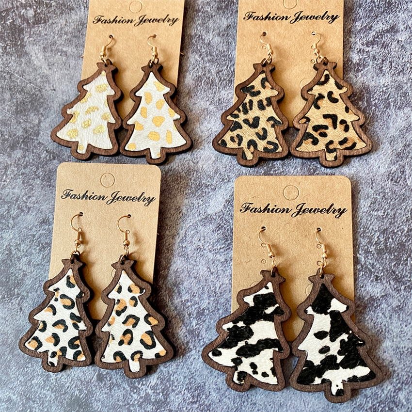 Xmas Tree Wood Bezel Cheetah Print Genuine Leather Christmas Earrings 