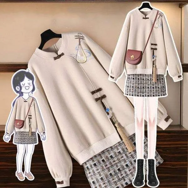 Harajuku Retro Pipa Embroidery Sweatshirt Skirt Suit SP15698