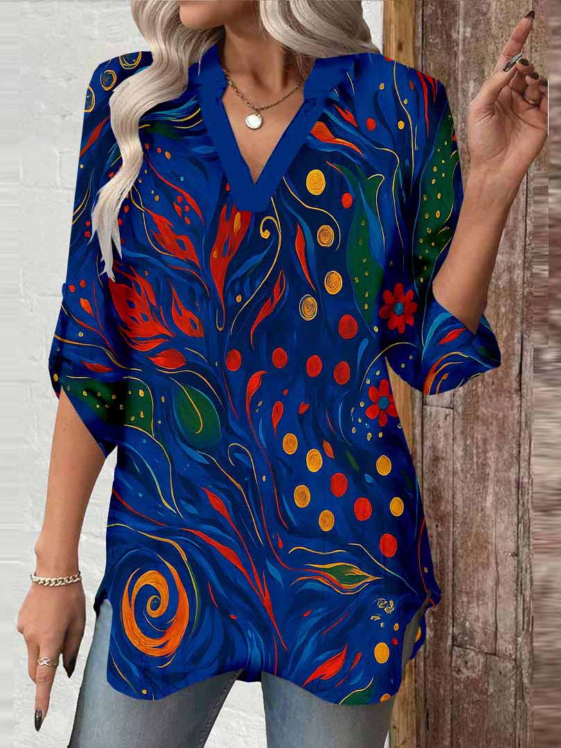 Women Abstract, Blue, Red DZGA0361 3/4 Sleeve V-neck Printed Graphic Button Tops