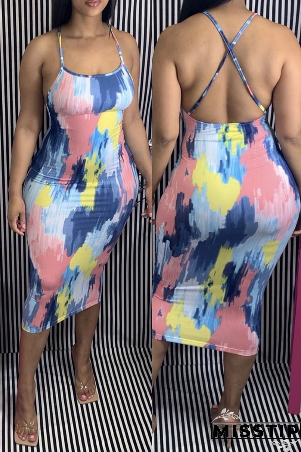 Multi Fashion Sexy Spaghetti Strap Sleeveless Spaghetti Strap Printed Dress Mid Calf Print Dresses