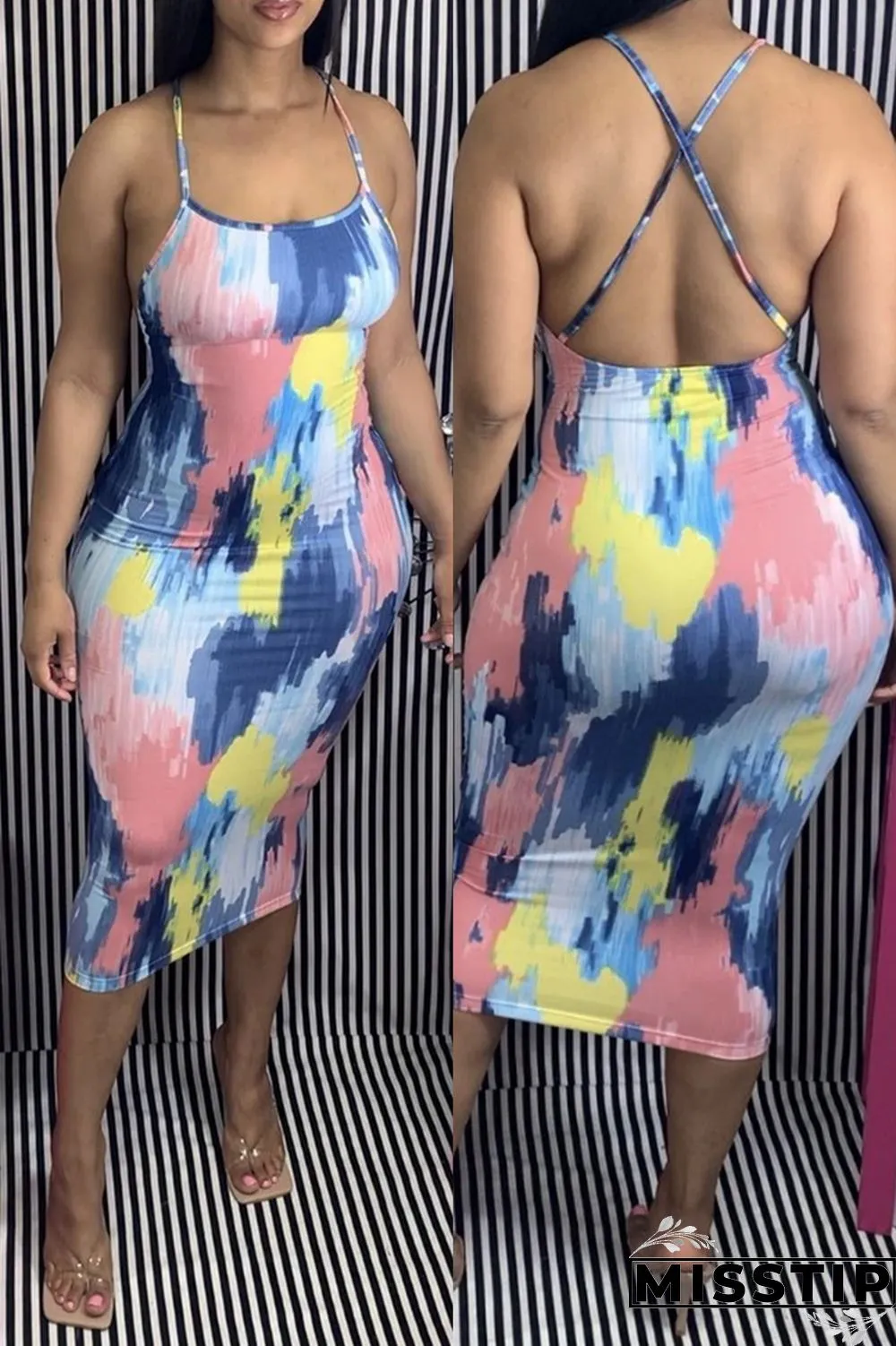 Multi Fashion Sexy Spaghetti Strap Sleeveless Spaghetti Strap Printed Dress Mid Calf Print Dresses