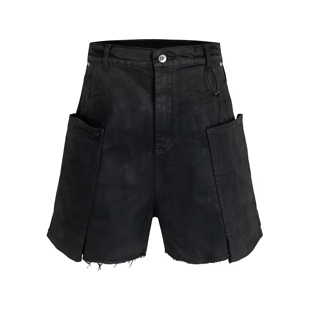 Abebey-Streetwear New Summer Brush Wax Coated Denim Shorts with Rough Edges Mens Vintage Black Frayed Baggy Jeans Oversized Loose Short