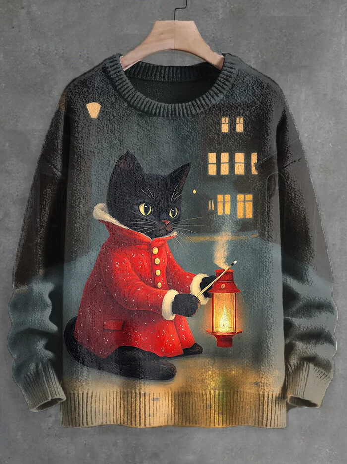 Men's Little Black Cat Girl Lighting Matches Art Print Knit Sweatshirt