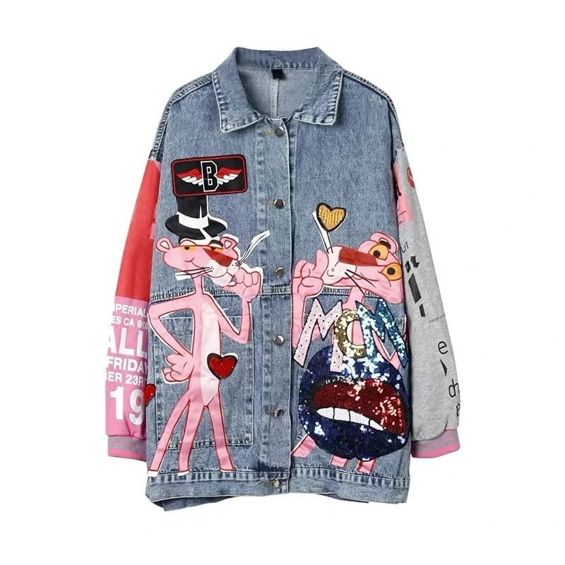 Women Contrast Blocked Oversized Jacket Loose Cartoon Sequins  Harajuku Denim Coat Turn Down Collar Bomber Jacket Ropa De Mujer