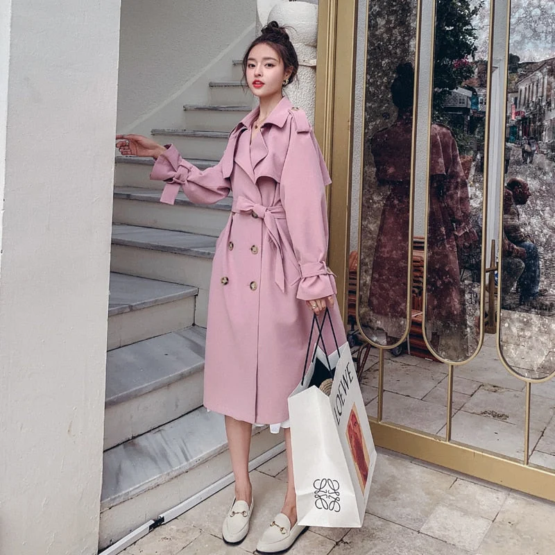 Fashion New Khaki Pink Trench Coat for Women Double-Breasted Long Duster Coat with Belt Lady Windbreaker Spring Autumn Outerwear