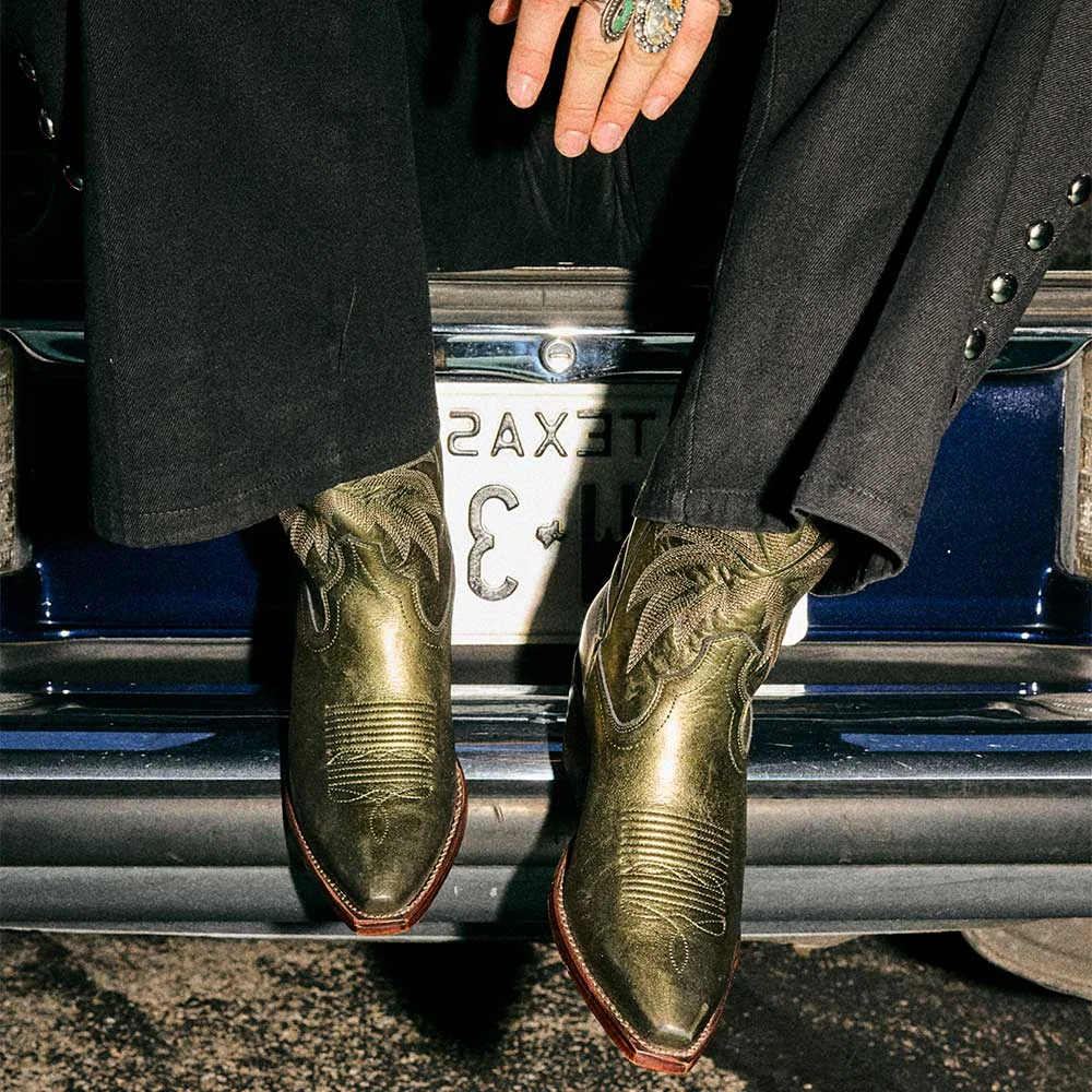 Metallic Olive Snip Toe Mid Calf Embroidered Cowboy Boots for Women