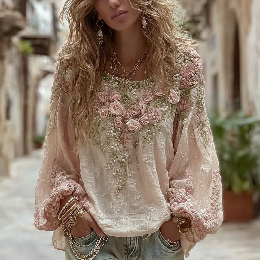 Women's Vintage Pink Rose Embroidery Art Round Neck Long Sleeve T-shirt wearshes