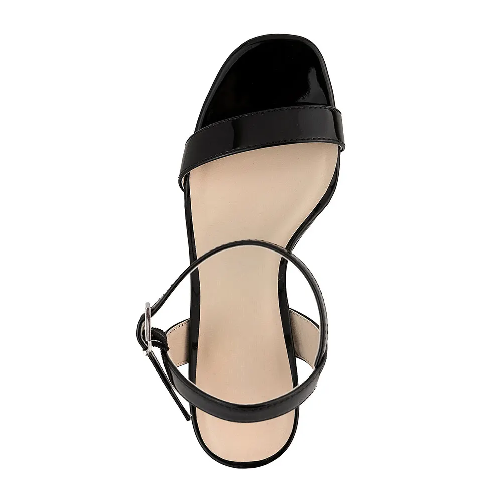 Black Square Toe Chunky Heel Ankle Strap Sandals with Platform