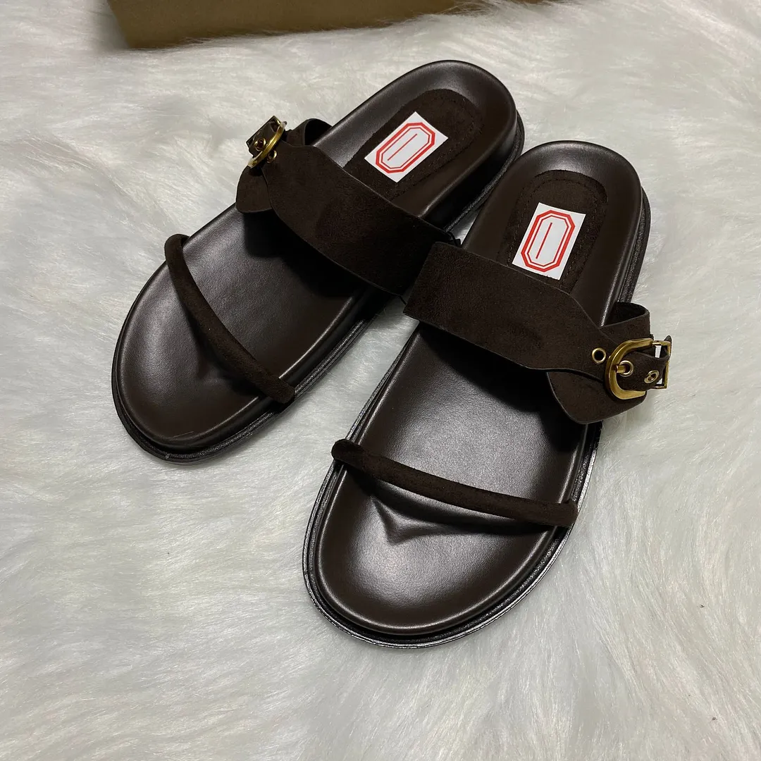 Breakj Breakj Home 2025 New Summer New Flat-Bottom Metal Single-Buckle Double Buckle Strap Wear Two Uncle Slippers Woman