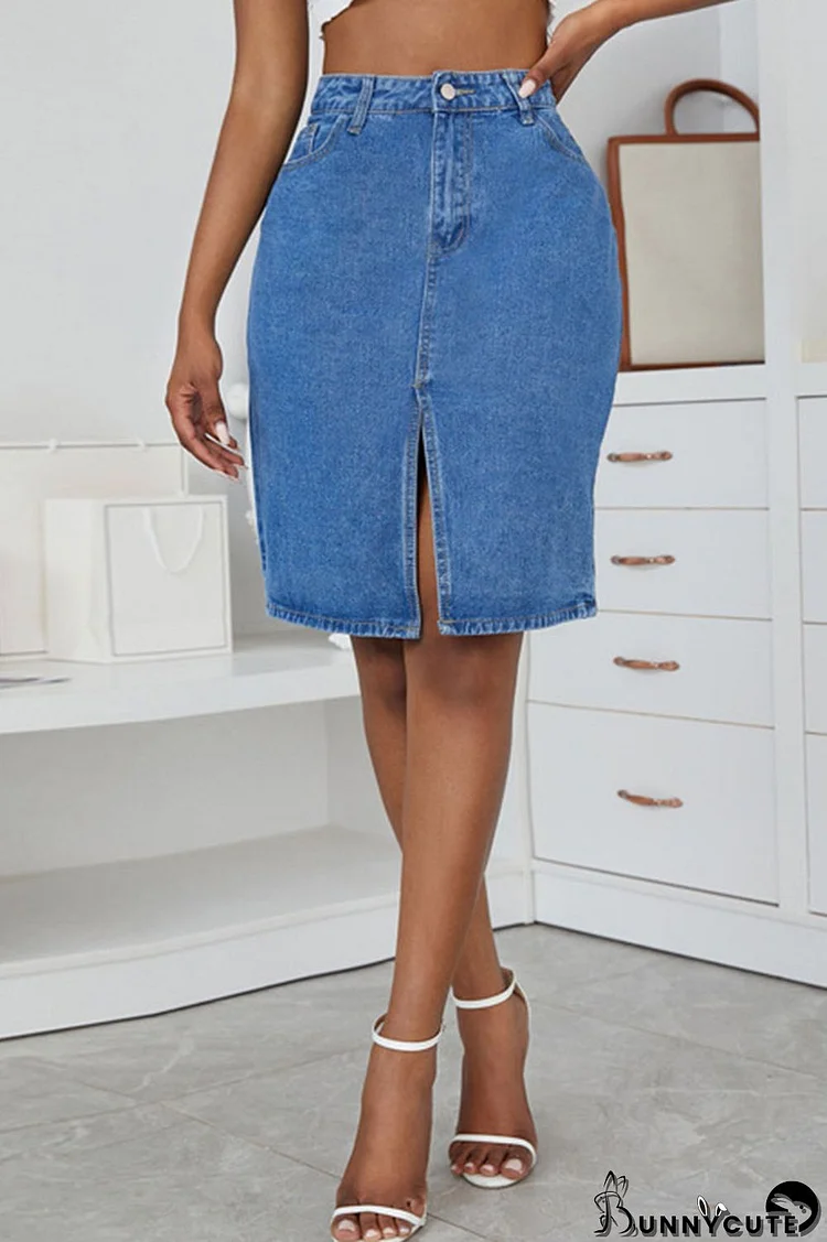 Medium Blue Casual Solid Split Joint Slit High Waist Straight Denim Skirts