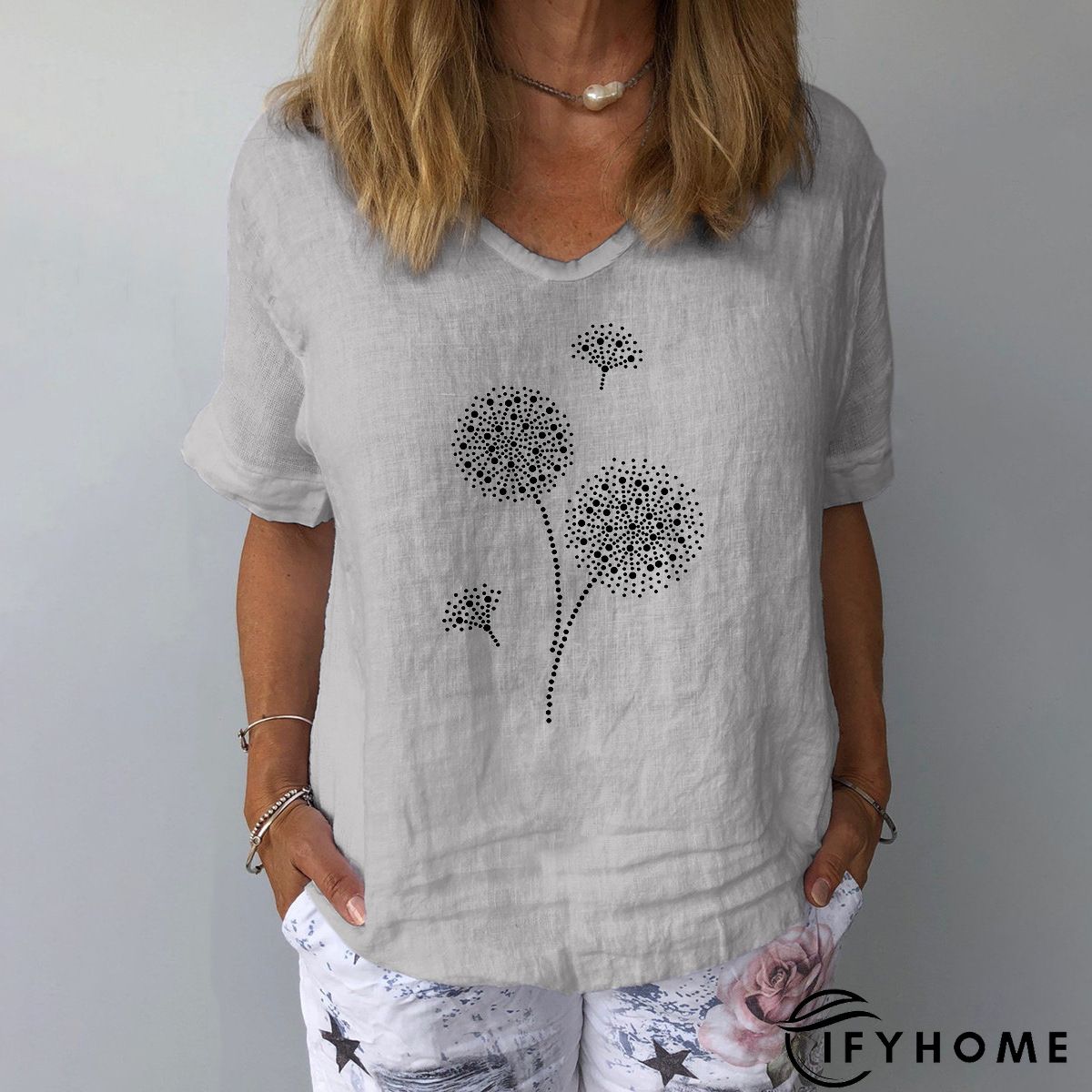 Short Sleeve Casual Dandelion Printed V Neck T-shirt | IFYHOME