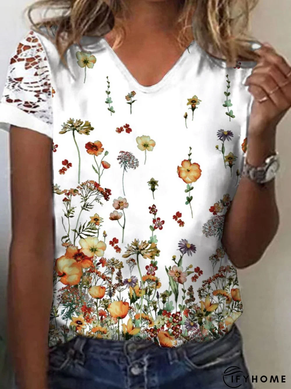 Romantic Floral Casual Loosen V Neck Short Sleeve T-Shirt | IFYHOME