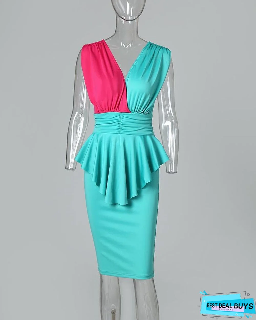 Sleeveless Color Block Insert Peplum Dress