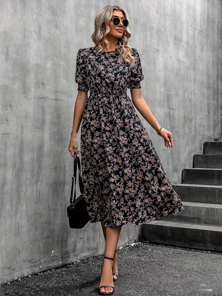 Elegant Ladies Casual Fashion Dress | 2025 Autumn Small Floral Print Short Sleeve Waist Holiday Dress