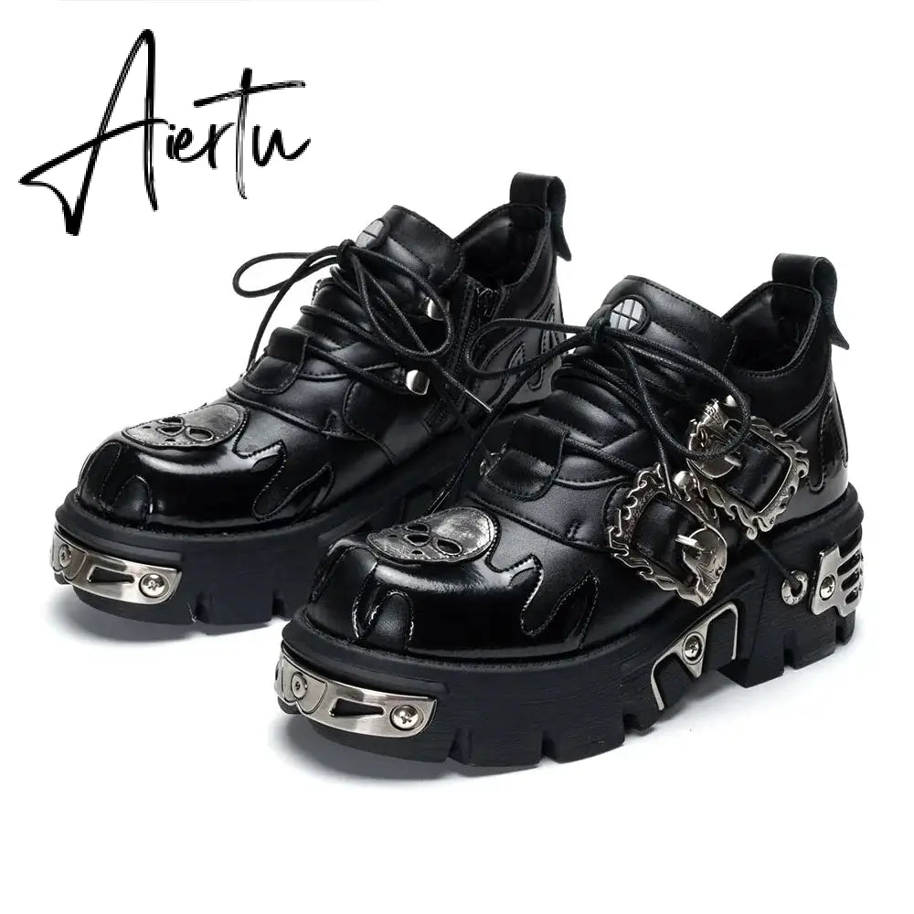 Men and Women Vintage Rock Couple Shoes New Dark Punk Leather Retro Boots Metal Niche Design Unisex Single Platform Shoes Aiertu