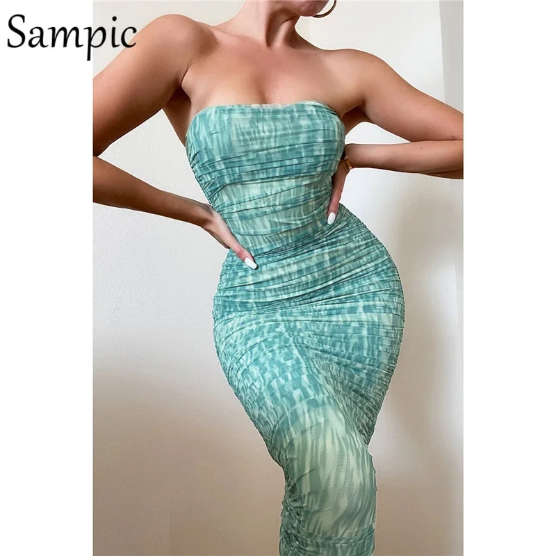 Sampic Chest Wrapping Sexy Women Mesh Tie Dye Print Ruched Bodycon Midi Dress 2021 Casual Party Club Summer Fashion Wrap Dresses