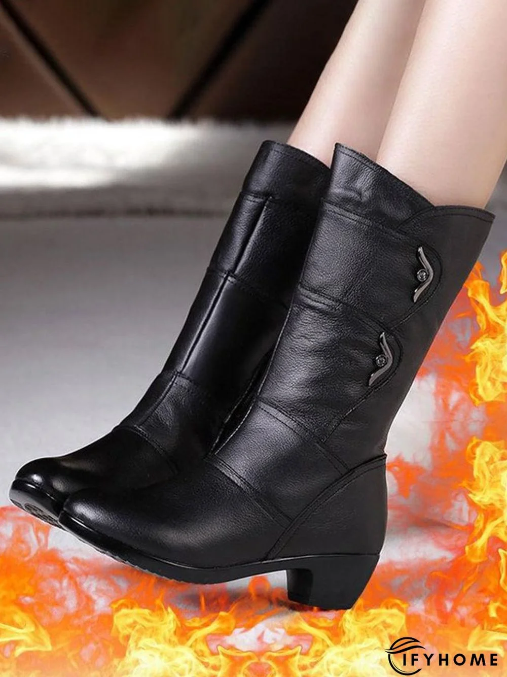 Black Rhinestone Metal Plush Warm Thick Heel Boots | IFYHOME
