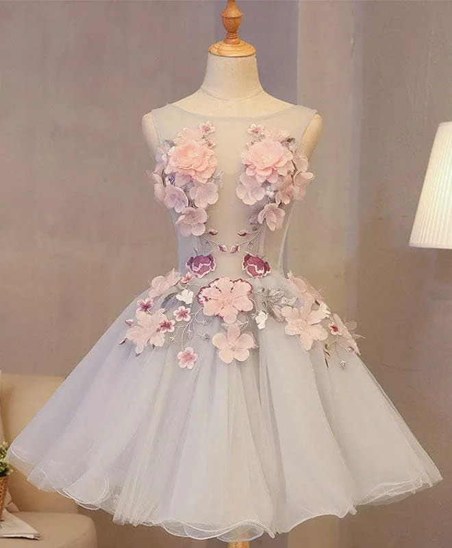Gray Tulle Applique Short Prom Dress, Gray Homecoming Dress