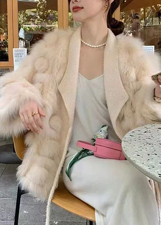 Beautiful Beige Patchwork Elastic Waist Mink Hair Coats Winter