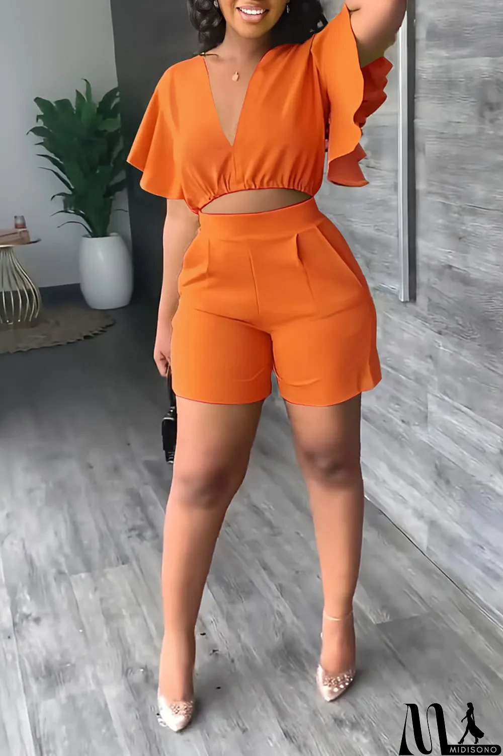 MidiSono - Yellow Casual Solid Patchwork Flounce V Neck Short Sleeve Two Pieces