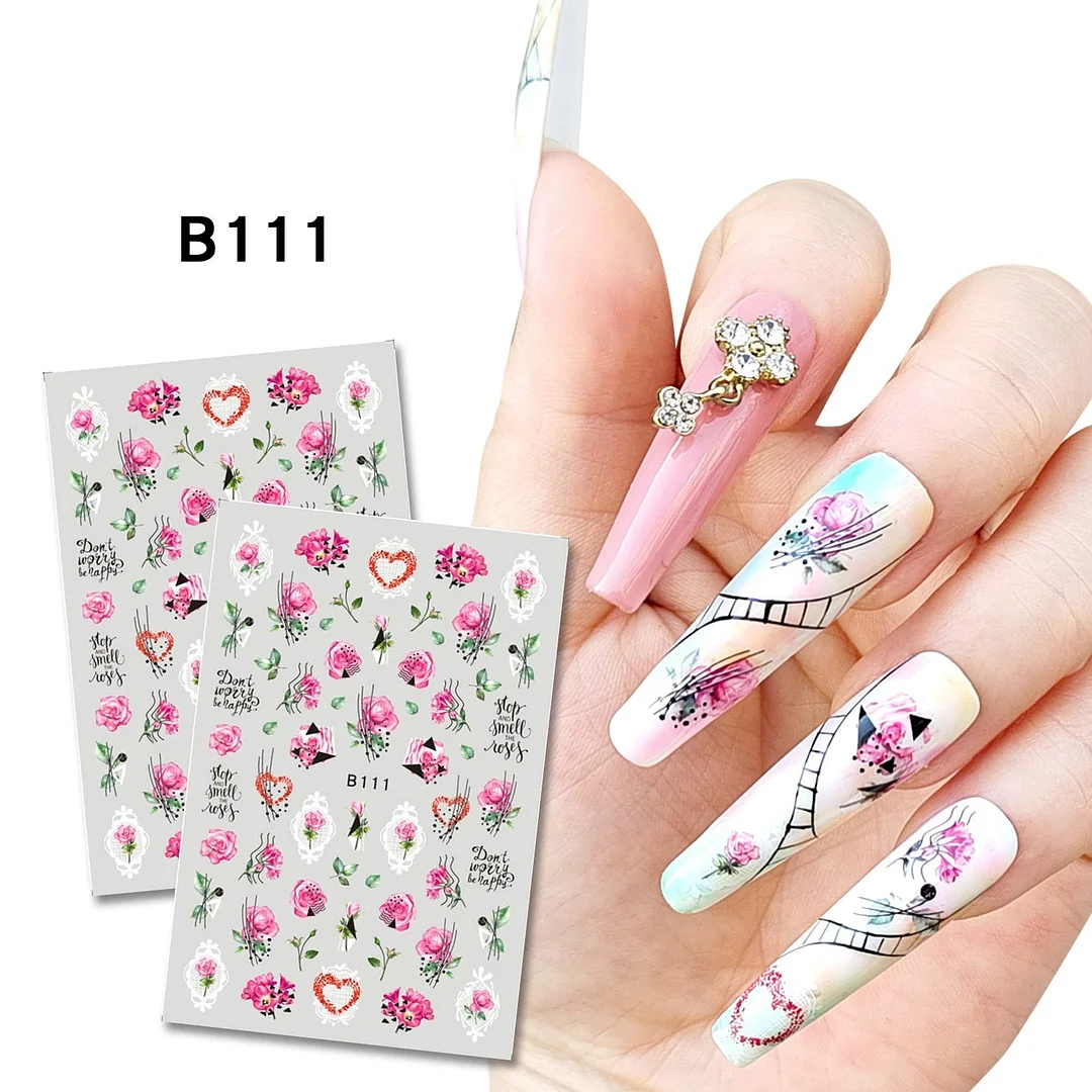 Purple Red Pink Rose Flower 3D Nail Sticker Leaves Love Heart Self-Adhesive Slider Art Decorations Decals Manicure Accessories