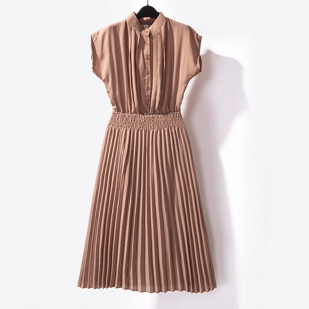 Huibahe Summer Chiffon Elegant Pleated Dress Janpan Style Women Elastic Waistline Shirt Dress Ankle Length Dresses QT010