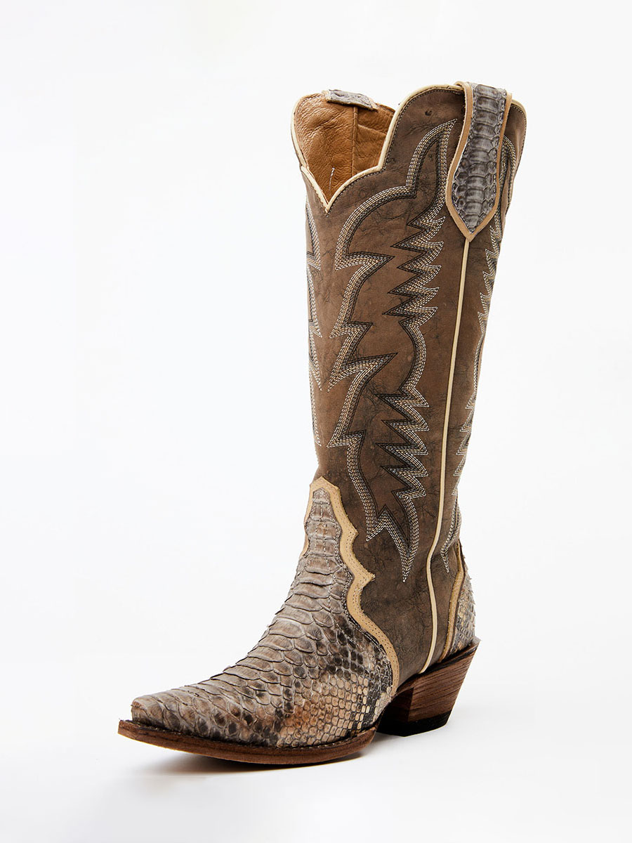 Brown Python Embossed Patchwork Snip Toe Chunky Heel Cowgirl Boots