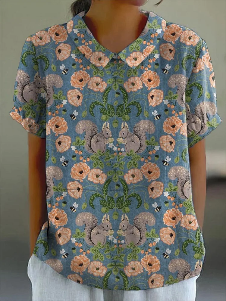 Women's Vintage Lovely Squirrel Woodland Art Print Casual Cotton And Linen Shirt