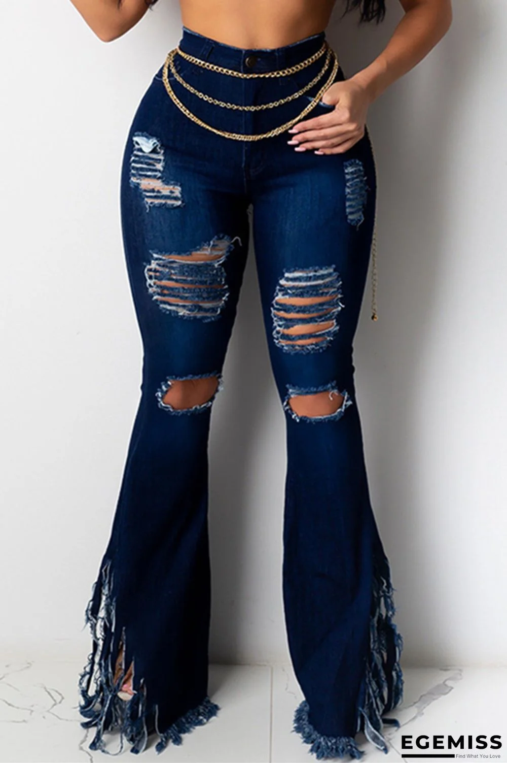 Blue Fashion Casual Solid Tassel Ripped High Waist Boot Cut Jeans | EGEMISS
