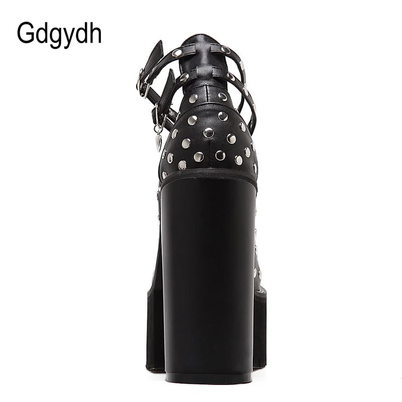 Gdgydh Fashion High Heels Pumps For Women Spring Autumn Round Toe Ankle Buckle Leather Female Platform Shoes Rivet Gothic Punk