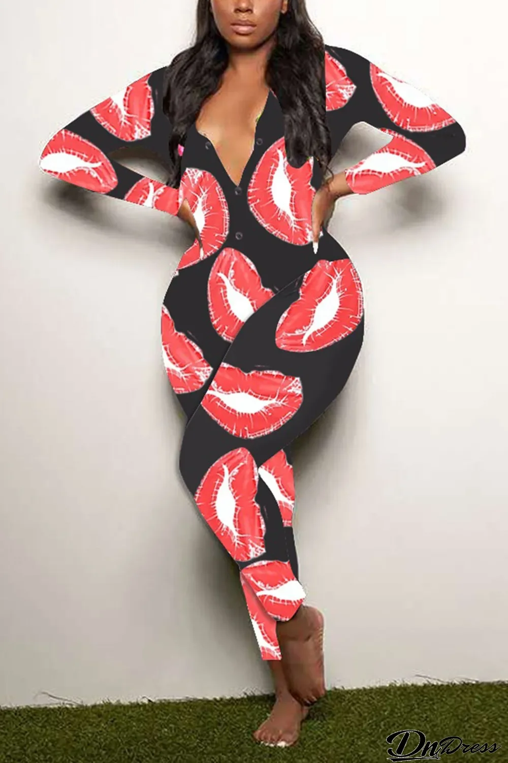 Black Living Lips Printed V Neck Skinny Jumpsuits