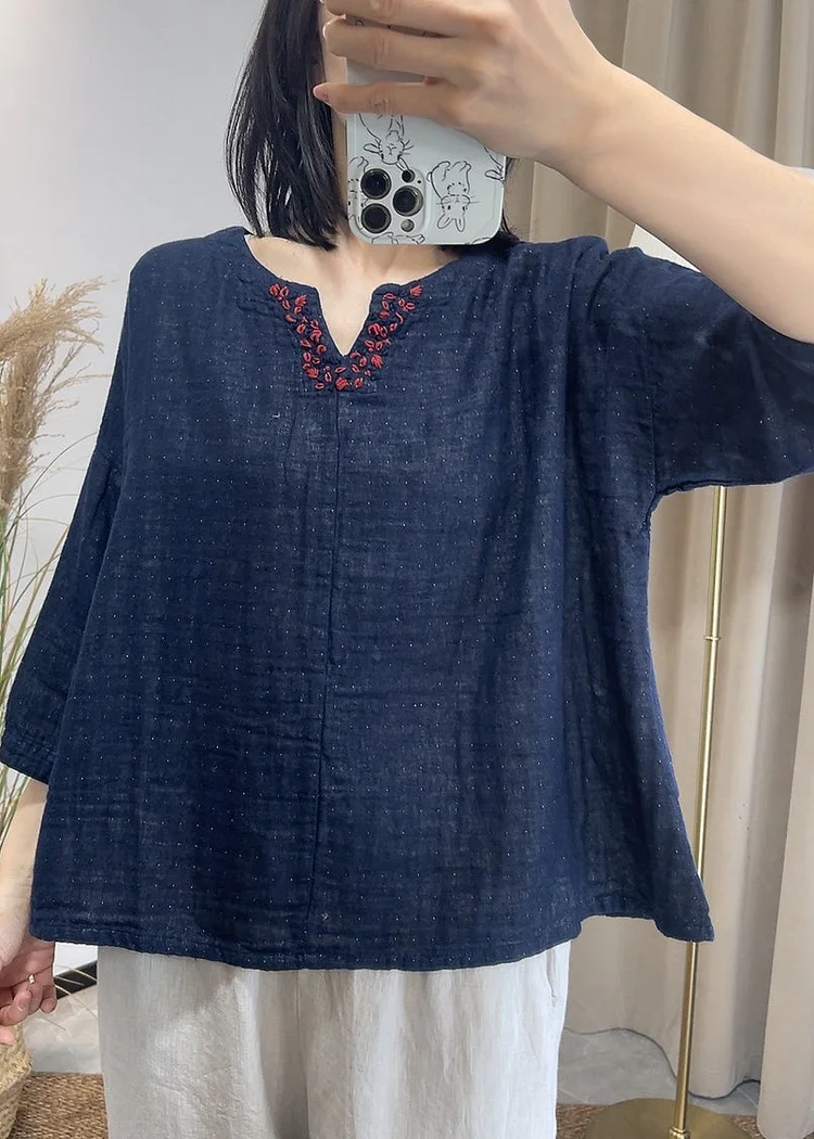 Vintage Loose Navy V Neck Patchwork Cotton Top Summer