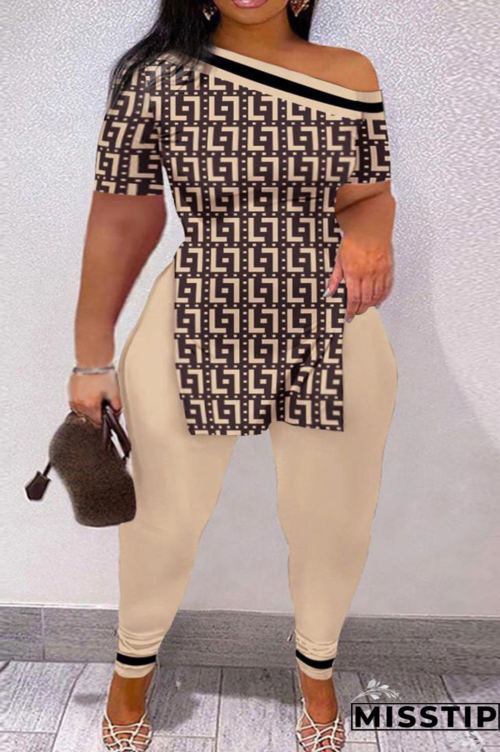 Black And White Casual Print Patchwork Slit Oblique Collar Short Sleeve Two Pieces